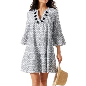 Tommy. Bahama Mini Shift Dress Diamond Clip Tiered Tassels Cotton Black White LG